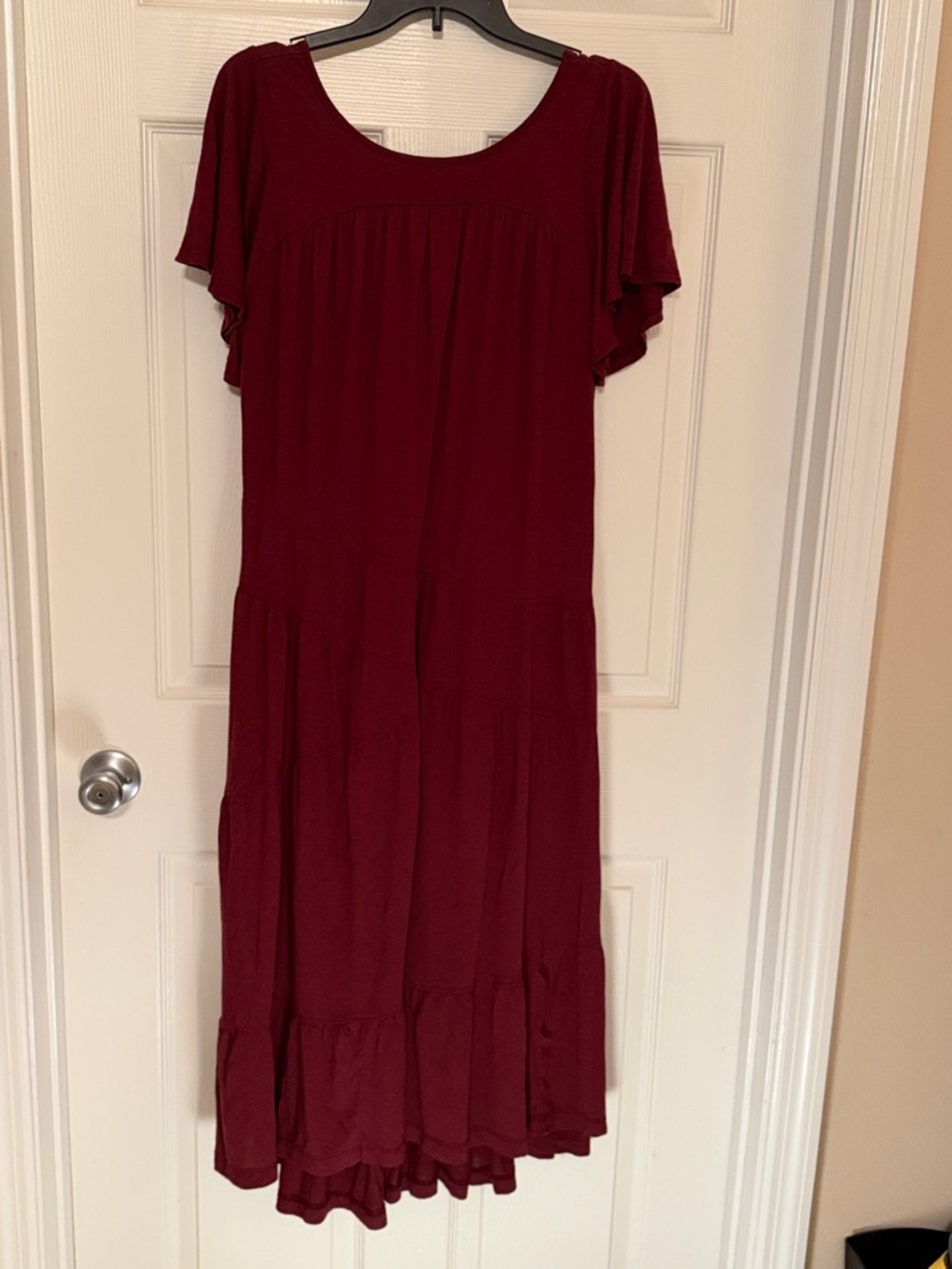 Free People Burgundy Flutter Sleeve Tiered Maxi Dress